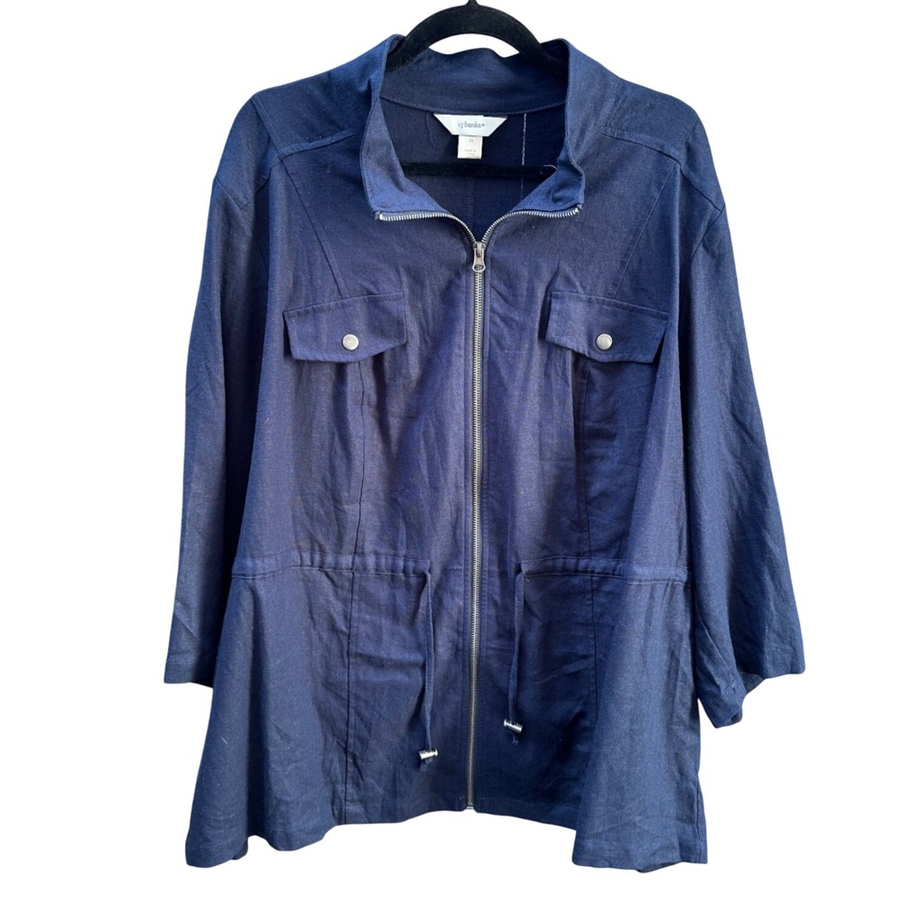 CJ Banks Navy Blue Linen Cotton Blend Full Zip Utility Jacket Plus Size 2X